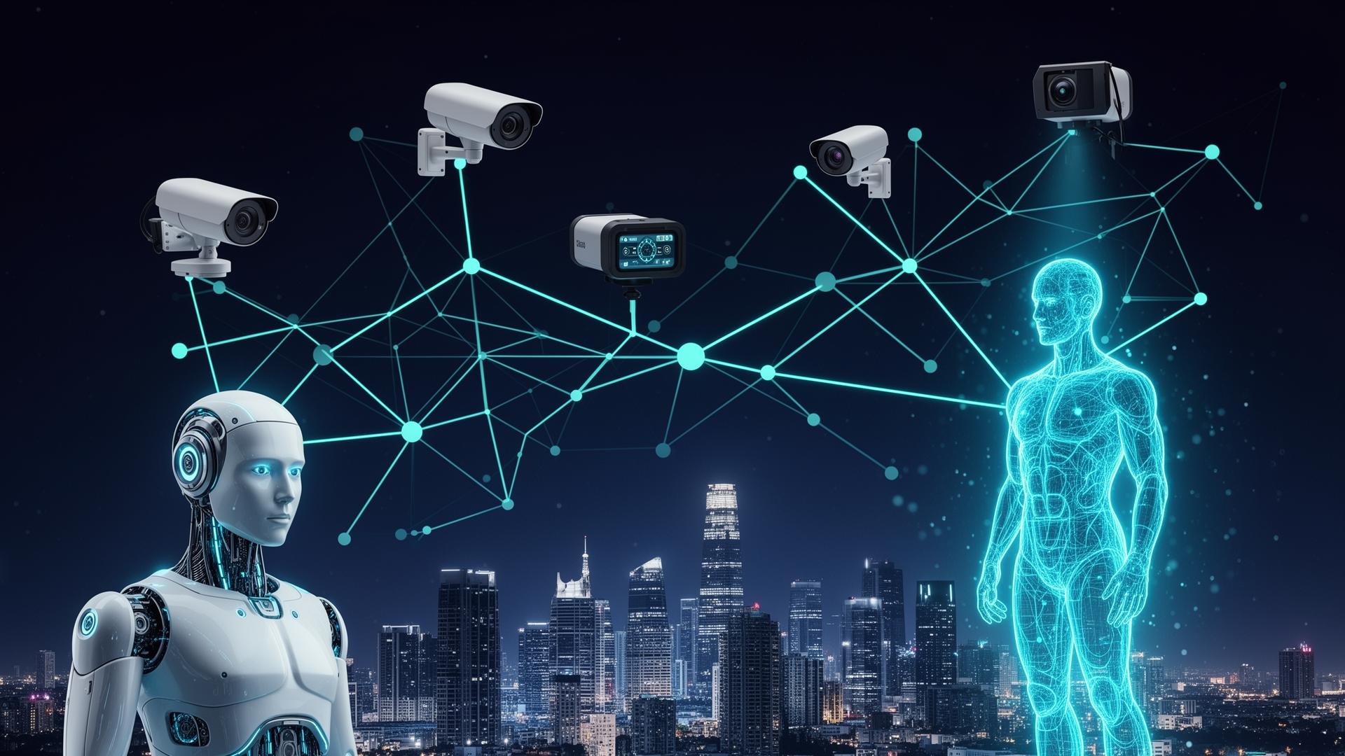 Physical AI network connecting robots, sensors, cameras, a data center and a digital twin