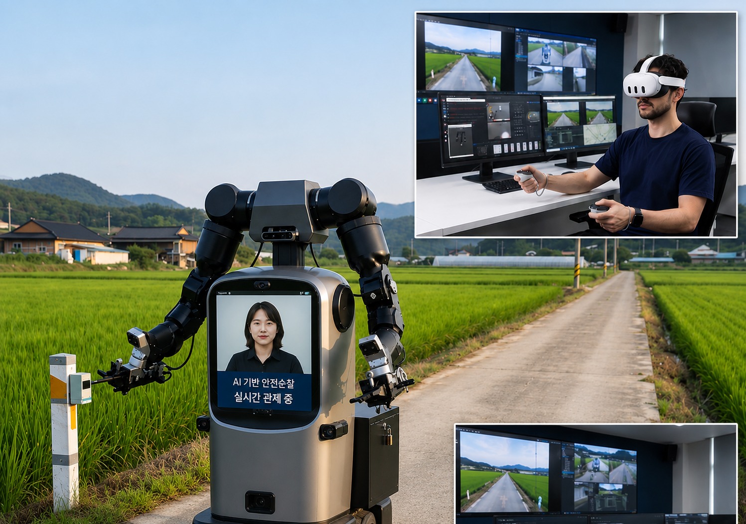 Operator controlling M-Guard dual-arm robot via VR headset